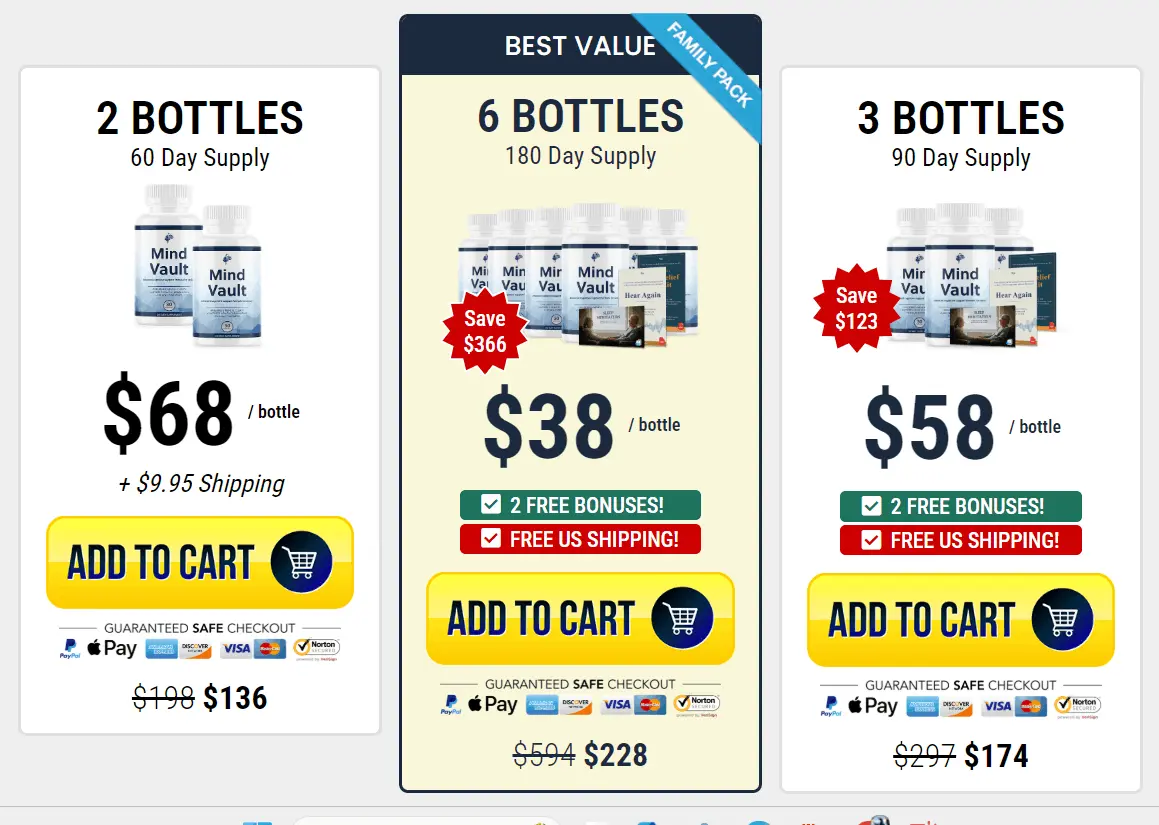 Mind Vault pricing options with discounts and 60-day money-back guarantee